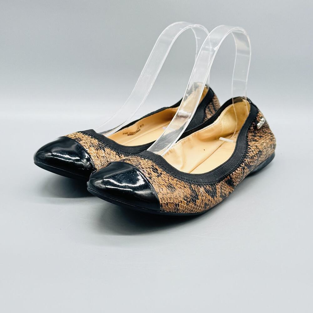 Cole Haan Shoes Womens 8.5 Brown Black Snake Print Ballet Flats Cap Toe Slip On - Picture 4 of 12